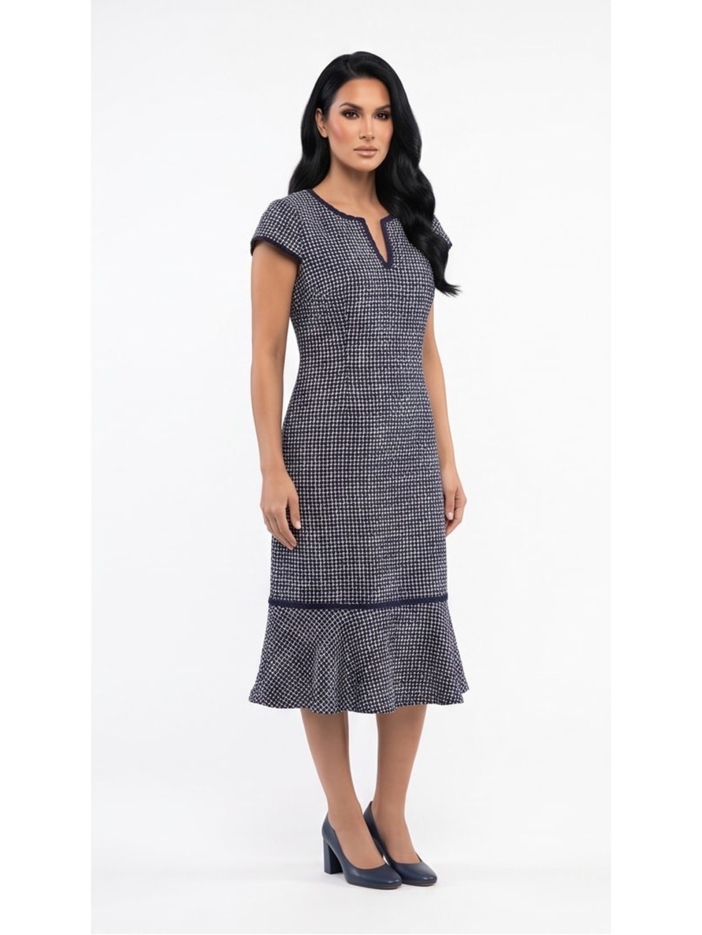 Karl Lagerfeld Paris Navy & White Tweed Cap-Sleeve Midi Dress Sz 14 Embroidered